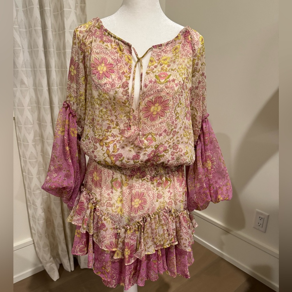 Misa Los Angeles Floral Long Sleeve Dress - Pink and Yellow